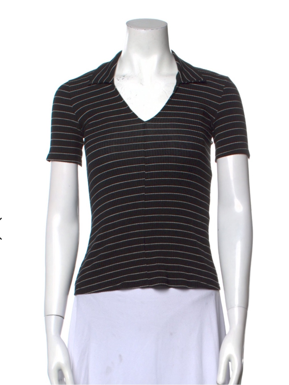 Reformation Black V-Neck Polo with Thin White Stripes XS